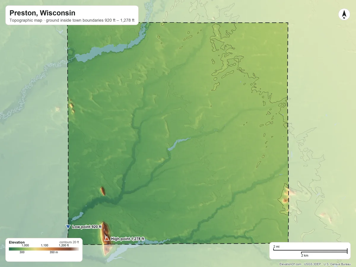 Topographic elevation map of Preston, Wisconsin, shaded from 920 ft on the southwest side to 1,278 ft on Friendship Mound