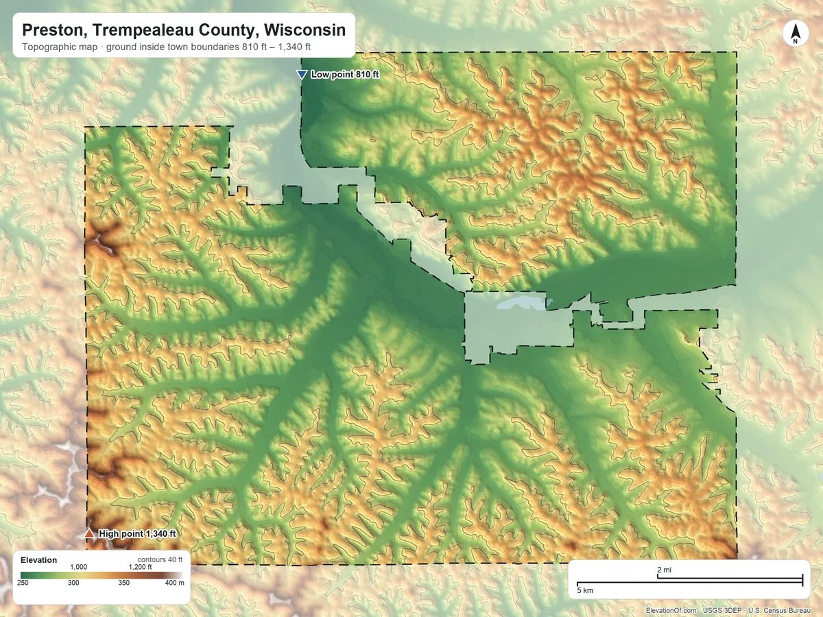 Topographic elevation map of Preston, Trempealeau County, Wisconsin, shaded from 810 ft on the northwest side to 1,340 ft on the southwest side