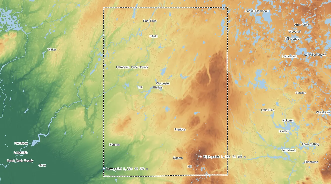 Topographic elevation map of Price County, Wisconsin, shaded from 1,220 ft on the southwest side to 1,950 ft on Pearson Hill