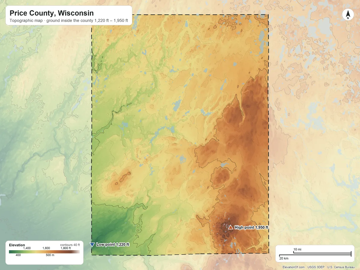 Topographic elevation map of Price County, Wisconsin, shaded from 1,220 ft on the southwest side to 1,950 ft on Pearson Hill