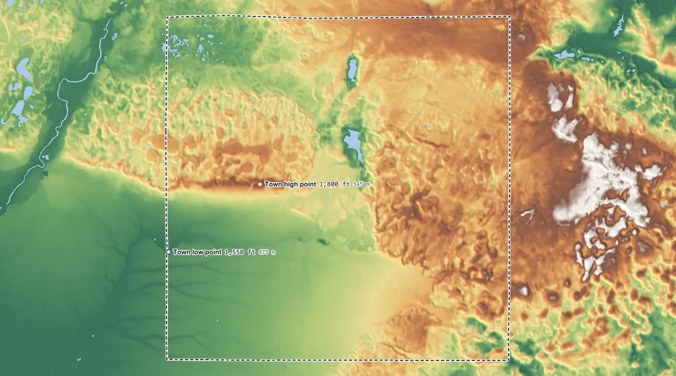 Topographic elevation map of Price, Wisconsin, shaded from 1,550 ft on the west side to 1,800 ft on the northwest side