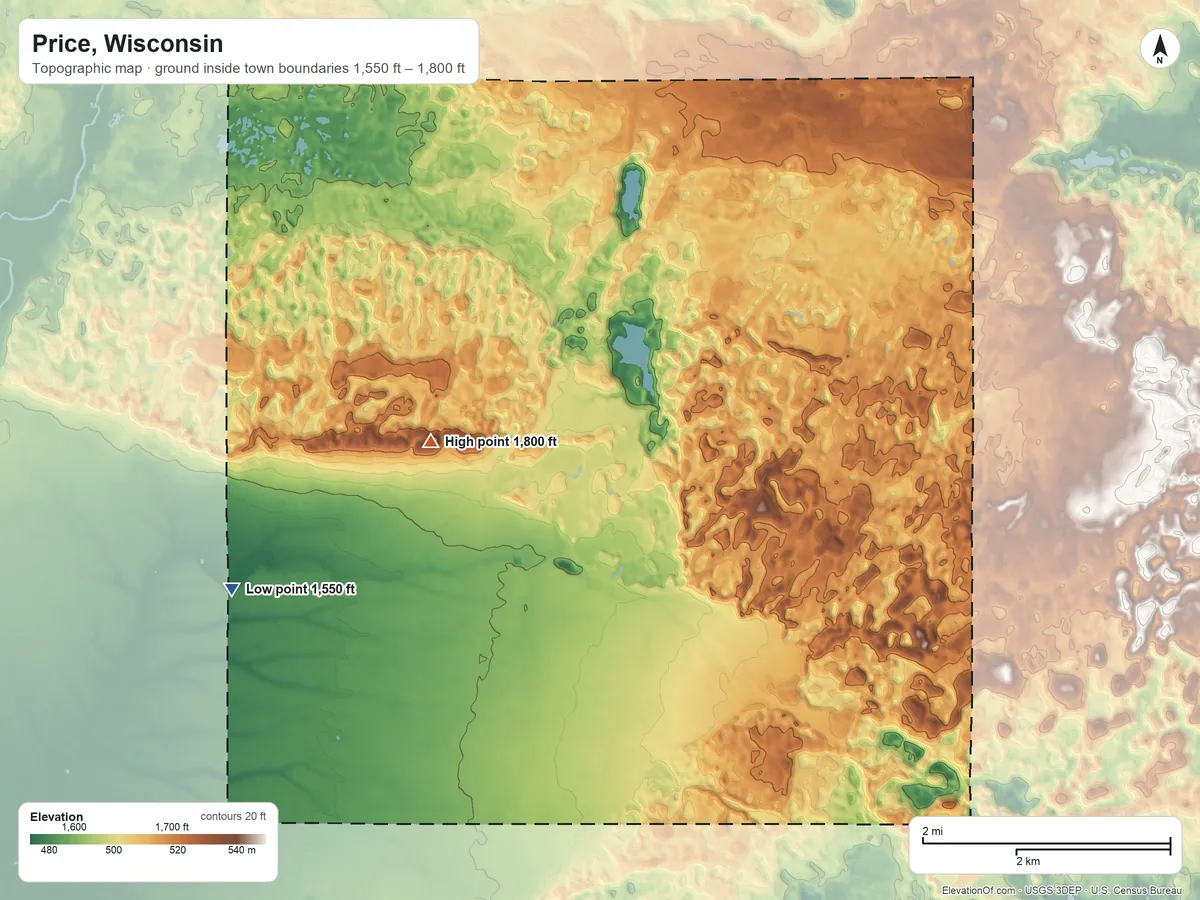 Topographic elevation map of Price, Wisconsin, shaded from 1,550 ft on the west side to 1,800 ft on the northwest side