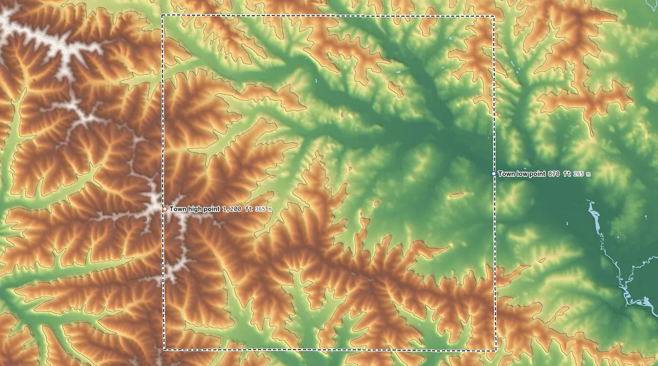 Topographic elevation map of Primrose, Wisconsin, shaded from 870 ft on the east side to 1,200 ft on the west side