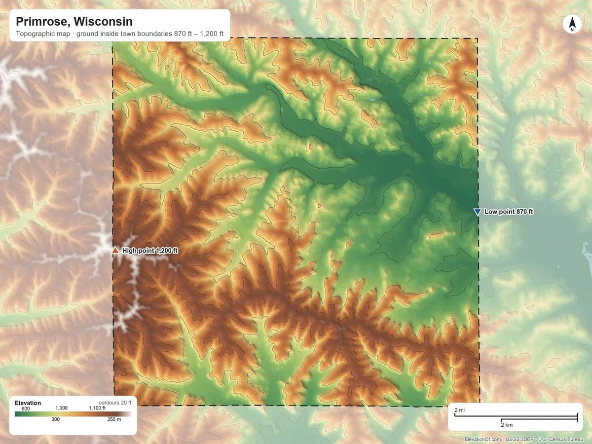 Topographic elevation map of Primrose, Wisconsin, shaded from 870 ft on the east side to 1,200 ft on the west side