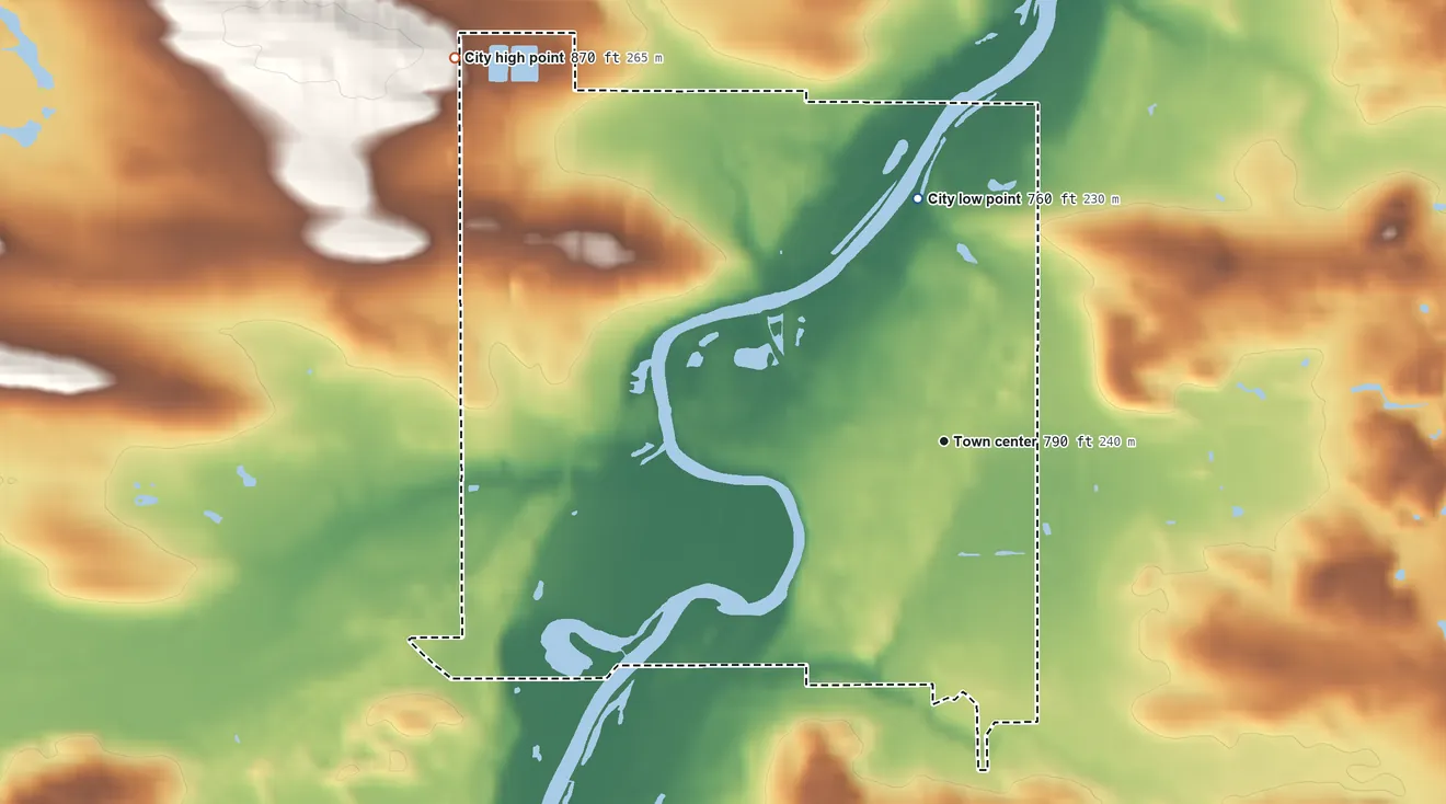 Topographic elevation map of City of Princeton, Wisconsin, shaded from 760 ft on the north side to 870 ft on the northwest side