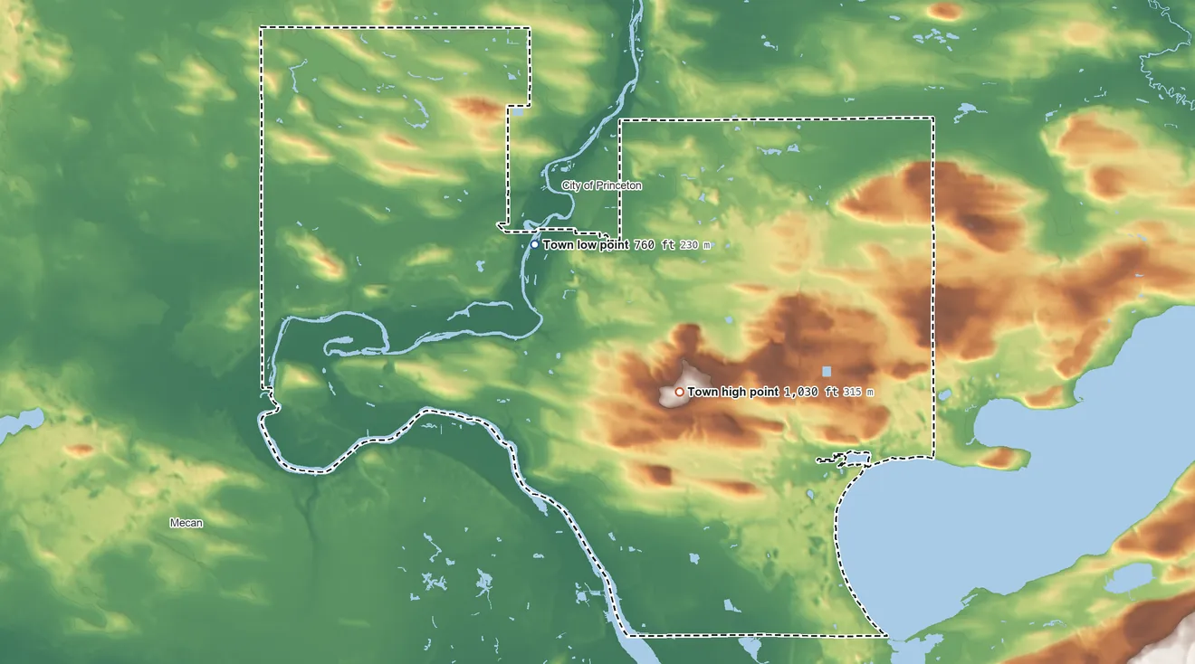 Topographic elevation map of Princeton, Wisconsin, shaded from 760 ft on the northwest side to 1,030 ft near the middle