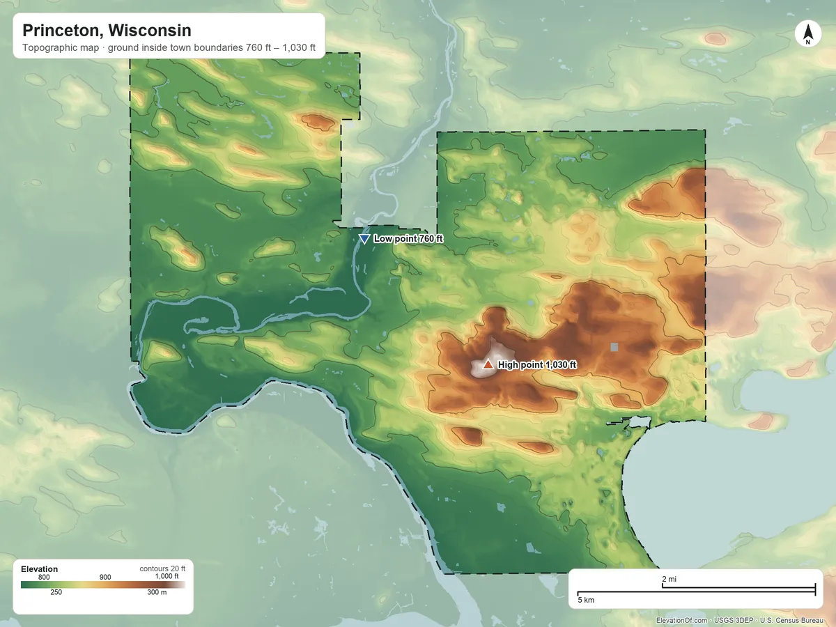 Topographic elevation map of Princeton, Wisconsin, shaded from 760 ft on the northwest side to 1,030 ft near the middle