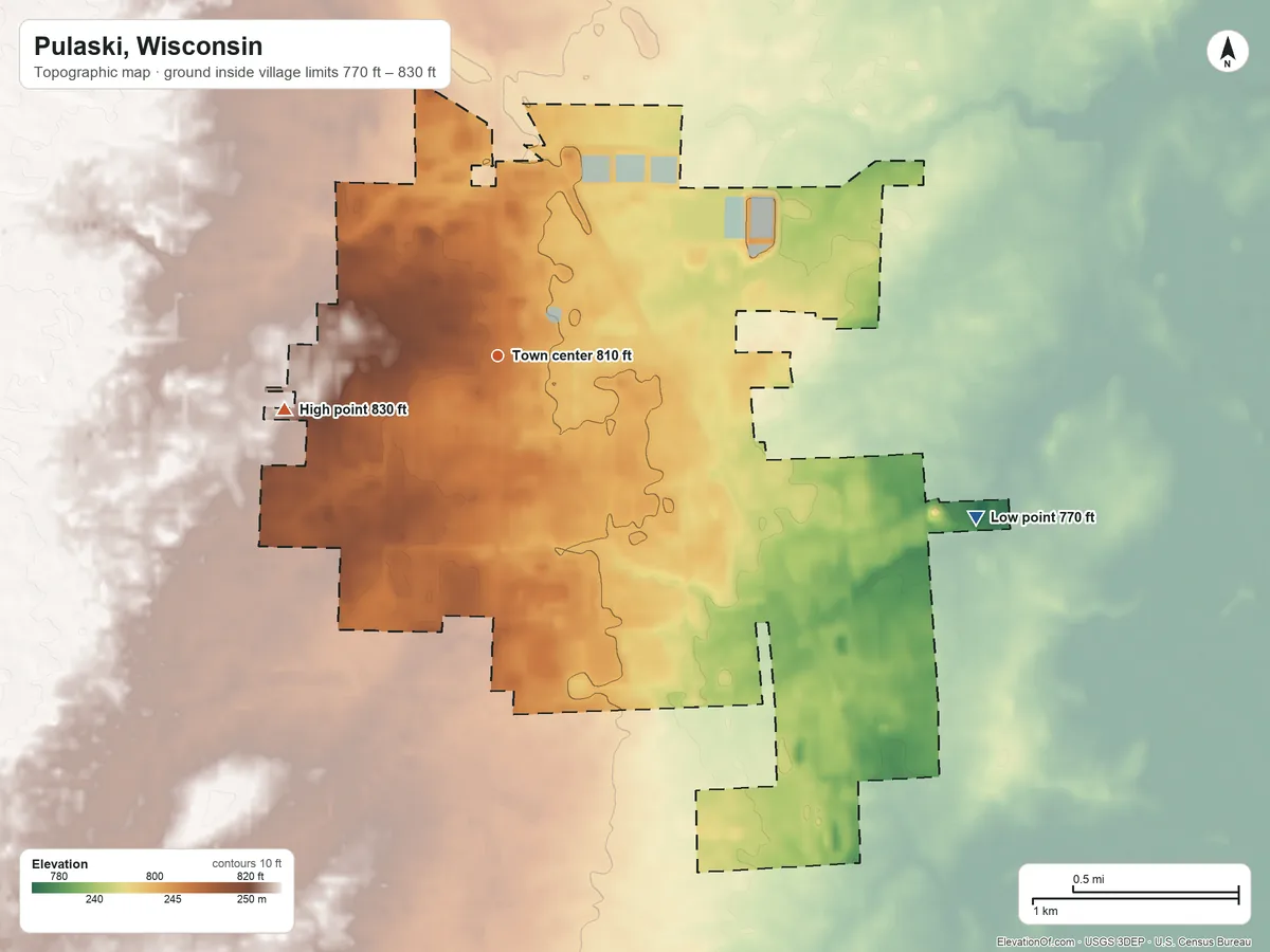 Topographic elevation map of Pulaski, Wisconsin, shaded from 770 ft on the east side to 830 ft on the west side