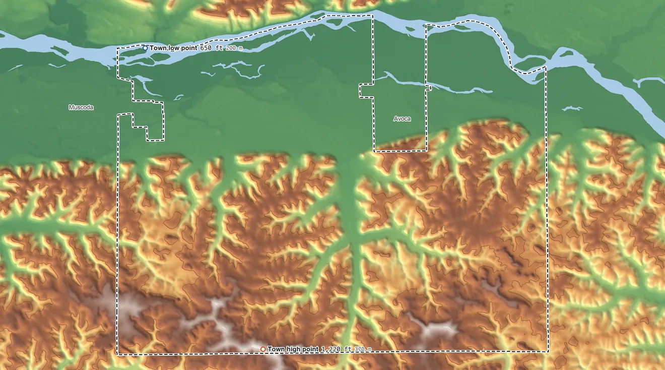 Topographic elevation map of Town of Pulaski, Wisconsin, shaded from 650 ft on the northwest side to 1,220 ft on the south side