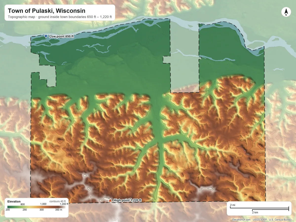 Topographic elevation map of Town of Pulaski, Wisconsin, shaded from 650 ft on the northwest side to 1,220 ft on the south side
