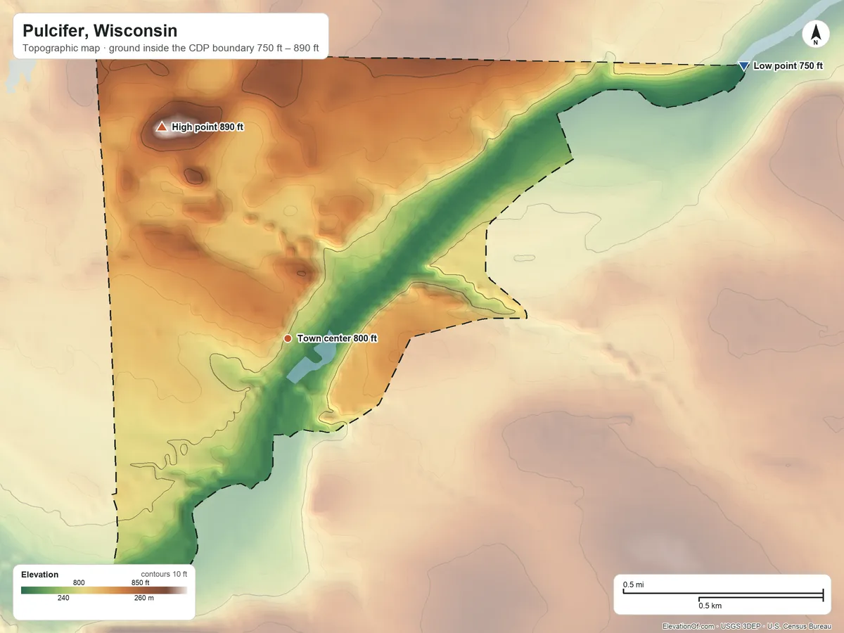 Topographic elevation map of Pulcifer, Wisconsin, shaded from 750 ft on the northeast side to 890 ft on the northwest side