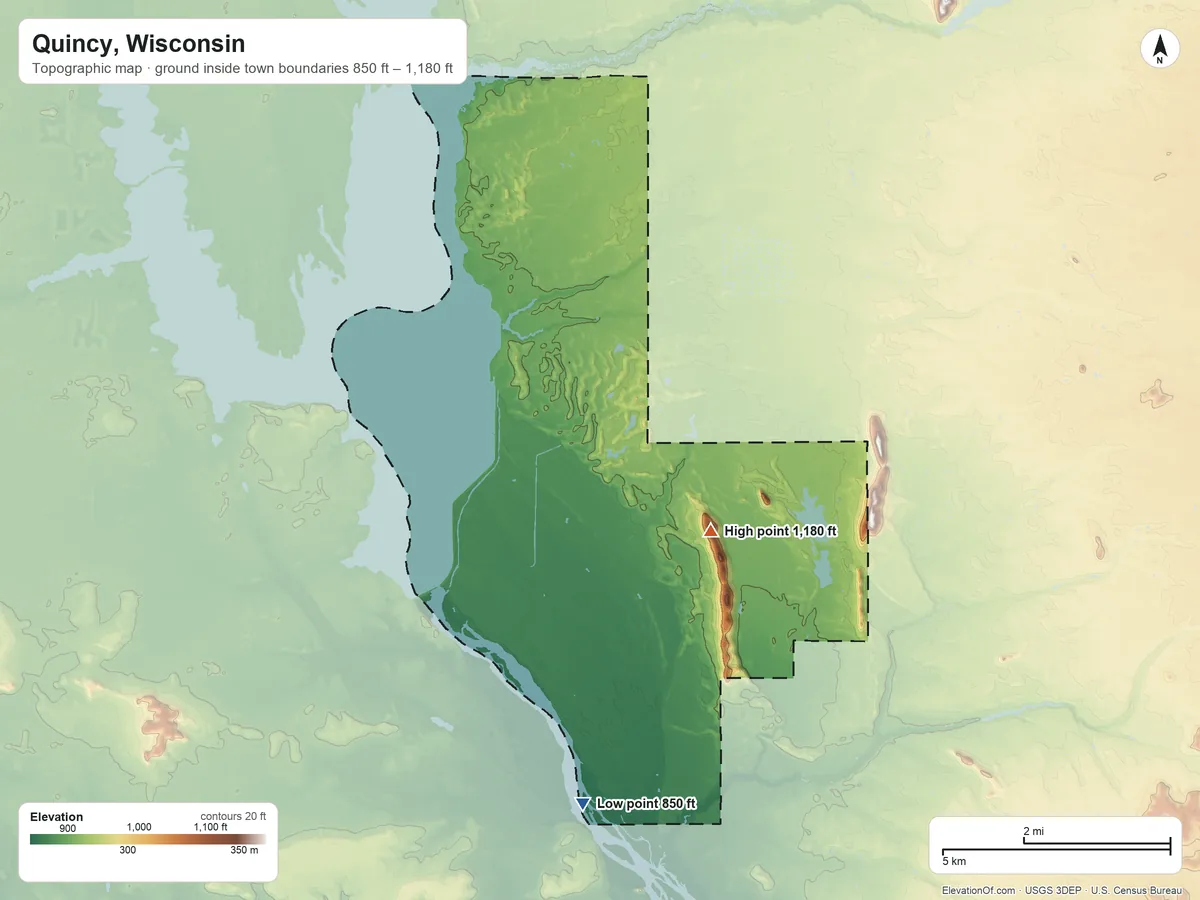 Topographic elevation map of Quincy, Wisconsin, shaded from 850 ft on the south side to 1,180 ft on the southeast side
