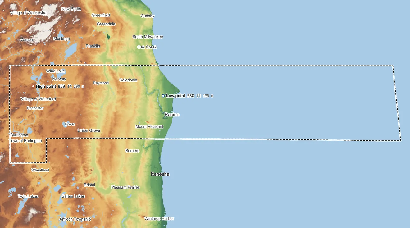 Topographic elevation map of Racine County, Wisconsin, shaded from 580 ft on the northwest side to 950 ft on the west side