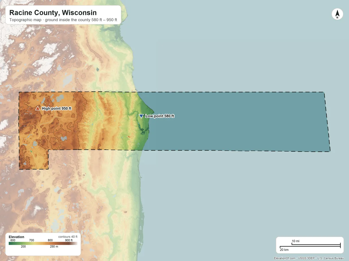Topographic elevation map of Racine County, Wisconsin, shaded from 580 ft on the northwest side to 950 ft on the west side
