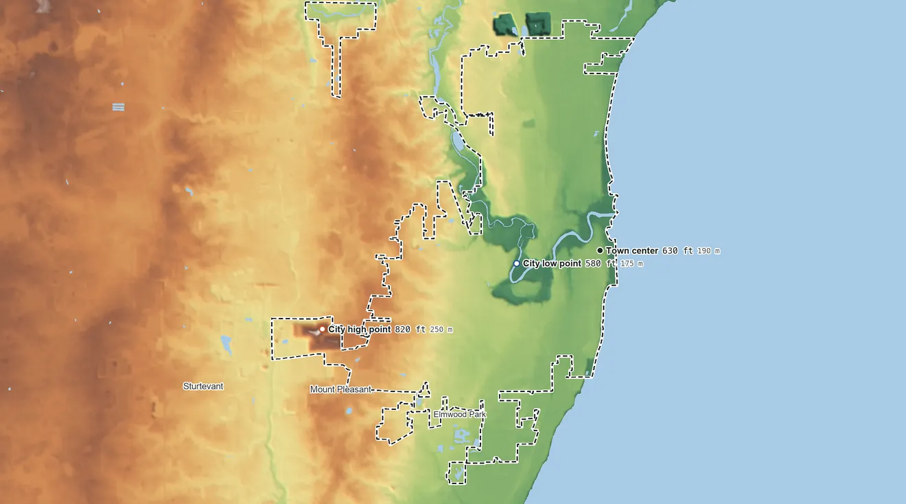 Topographic elevation map of Racine, Wisconsin, shaded from 580 ft on the west side to 820 ft on the west side