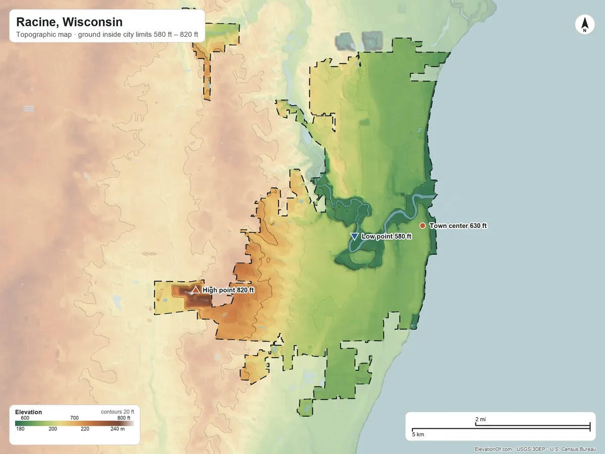 Topographic elevation map of Racine, Wisconsin, shaded from 580 ft on the west side to 820 ft on the west side
