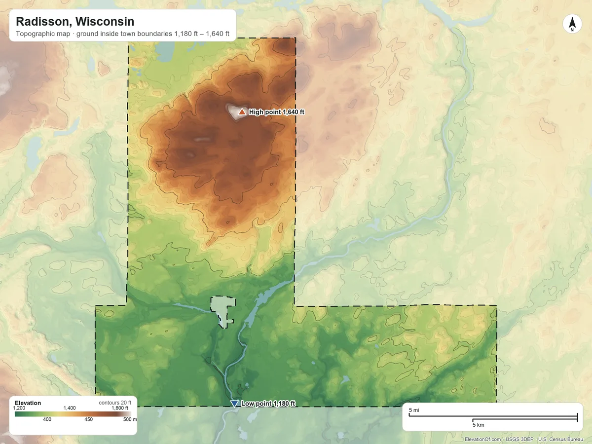Topographic elevation map of Radisson, Wisconsin, shaded from 1,180 ft on the south side to 1,640 ft on the north side