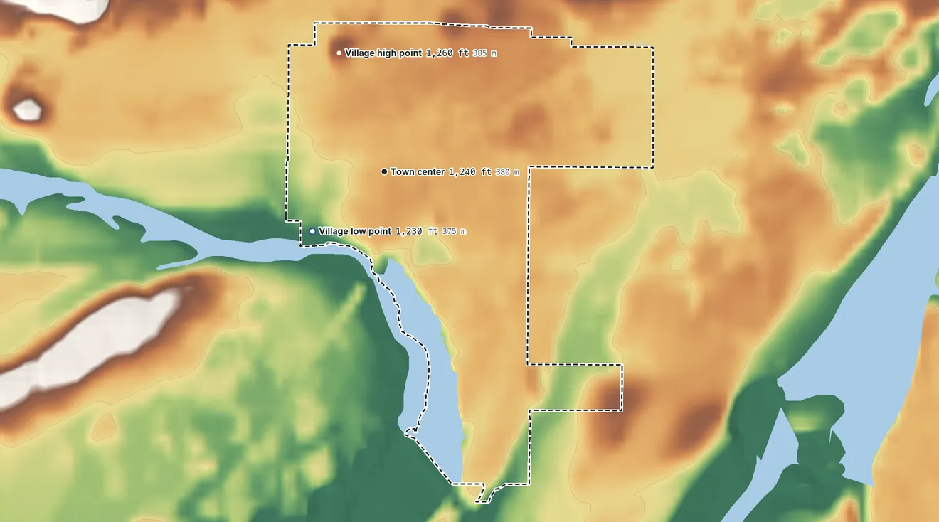 Topographic elevation map of Village of Radisson, Wisconsin, shaded from 1,230 ft on the southwest side to 1,260 ft on the north side