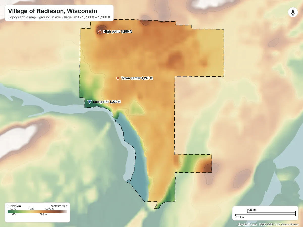Topographic elevation map of Village of Radisson, Wisconsin, shaded from 1,230 ft on the southwest side to 1,260 ft on the north side