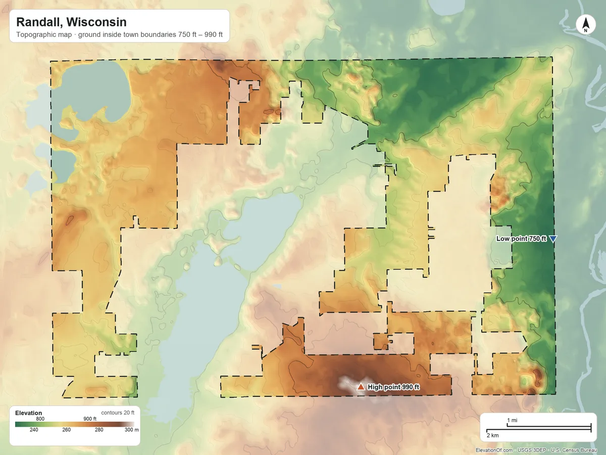 Topographic elevation map of Randall, Wisconsin, shaded from 750 ft on the east side to 990 ft on the southeast side