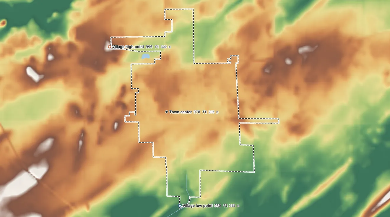 Topographic elevation map of Randolph, Wisconsin, shaded from 930 ft on the south side to 990 ft on the northwest side