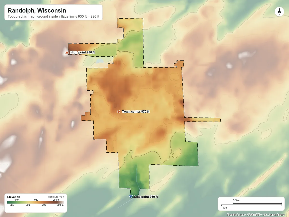 Topographic elevation map of Randolph, Wisconsin, shaded from 930 ft on the south side to 990 ft on the northwest side