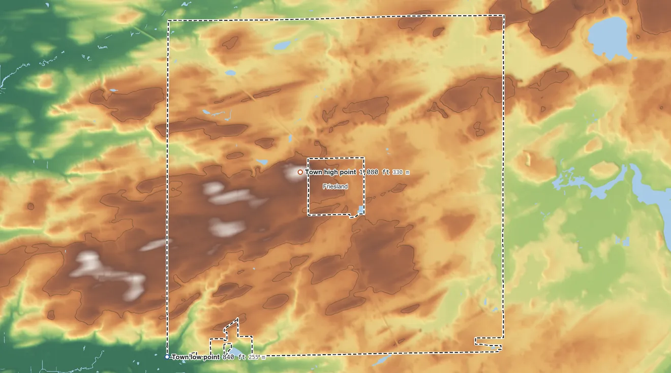 Topographic elevation map of Town of Randolph, Wisconsin, shaded from 840 ft on the southwest side to 1,080 ft near the middle