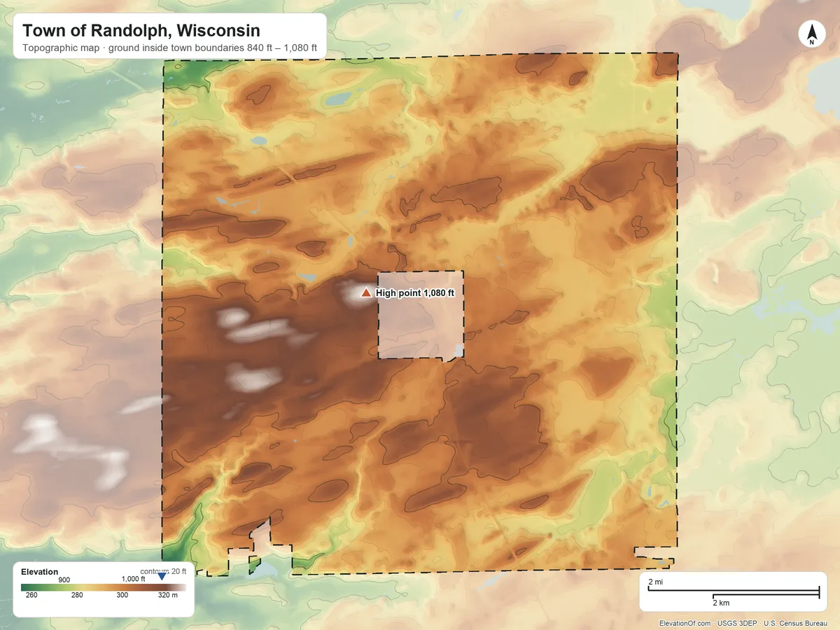 Topographic elevation map of Town of Randolph, Wisconsin, shaded from 840 ft on the southwest side to 1,080 ft near the middle