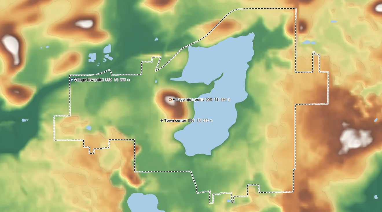 Topographic elevation map of Random Lake, Wisconsin, shaded from 860 ft on the northwest side to 950 ft near the middle