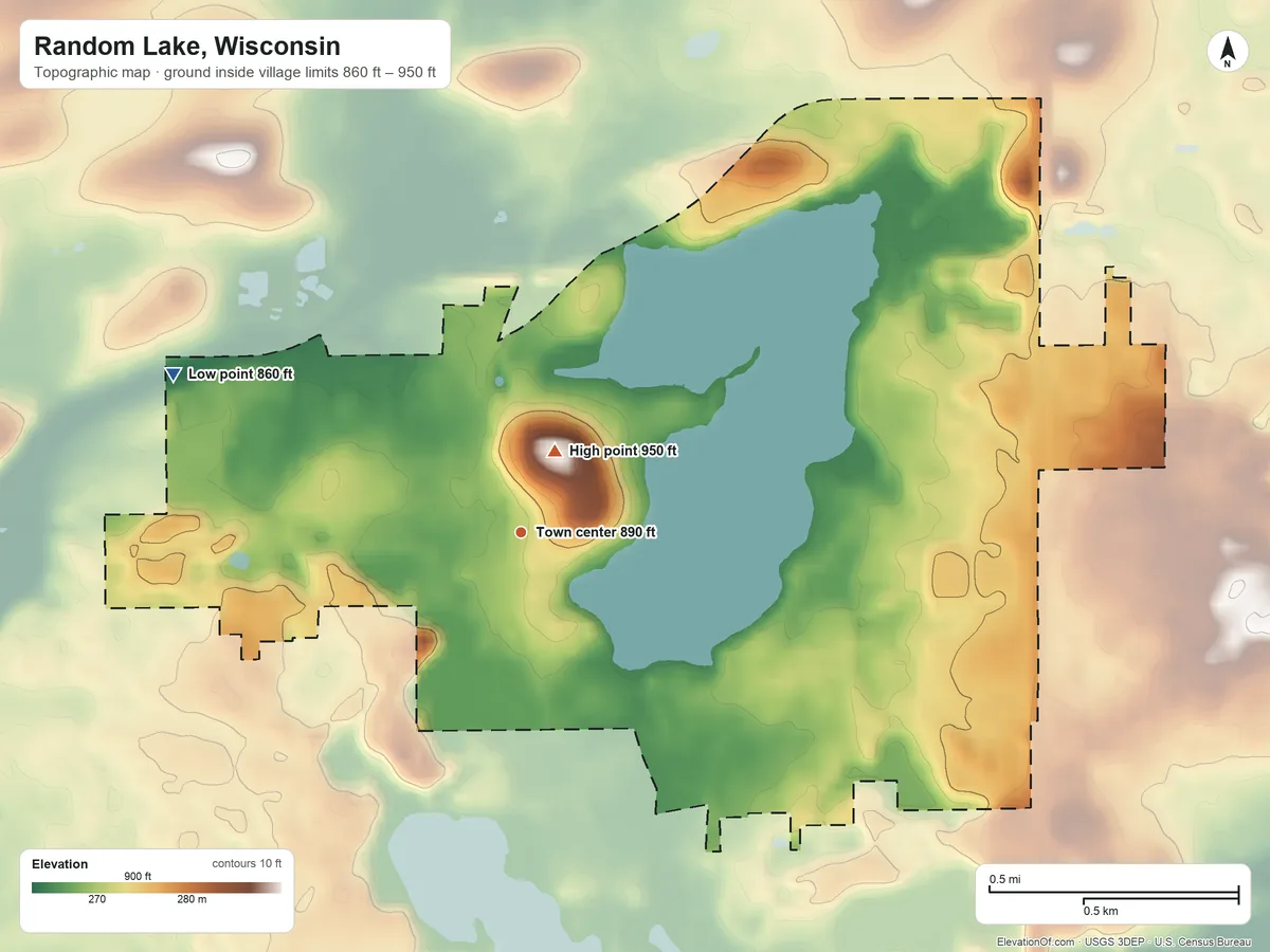 Topographic elevation map of Random Lake, Wisconsin, shaded from 860 ft on the northwest side to 950 ft near the middle