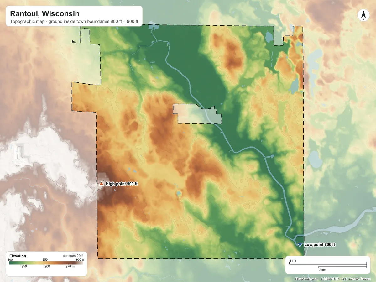 Topographic elevation map of Rantoul, Wisconsin, shaded from 800 ft on the southeast side to 900 ft on the southwest side
