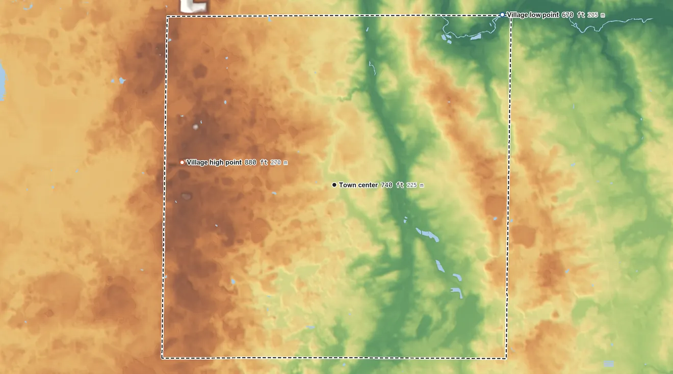 Topographic elevation map of Raymond, Wisconsin, shaded from 670 ft on the northeast side to 880 ft on the west side