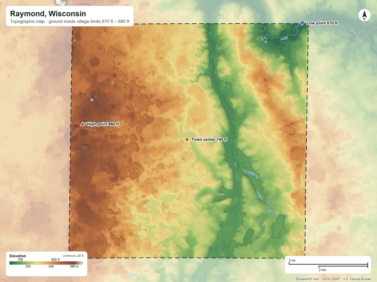 Topographic elevation map of Raymond, Wisconsin, shaded from 670 ft on the northeast side to 880 ft on the west side
