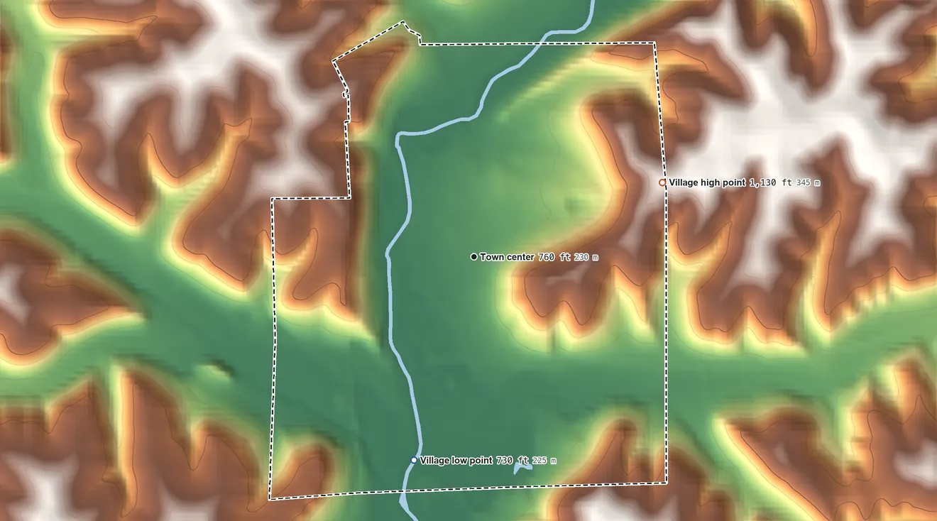 Topographic elevation map of Readstown, Wisconsin, shaded from 730 ft on the south side to 1,130 ft on the east side