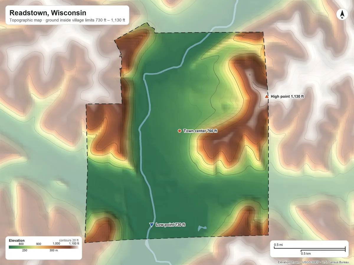 Topographic elevation map of Readstown, Wisconsin, shaded from 730 ft on the south side to 1,130 ft on the east side