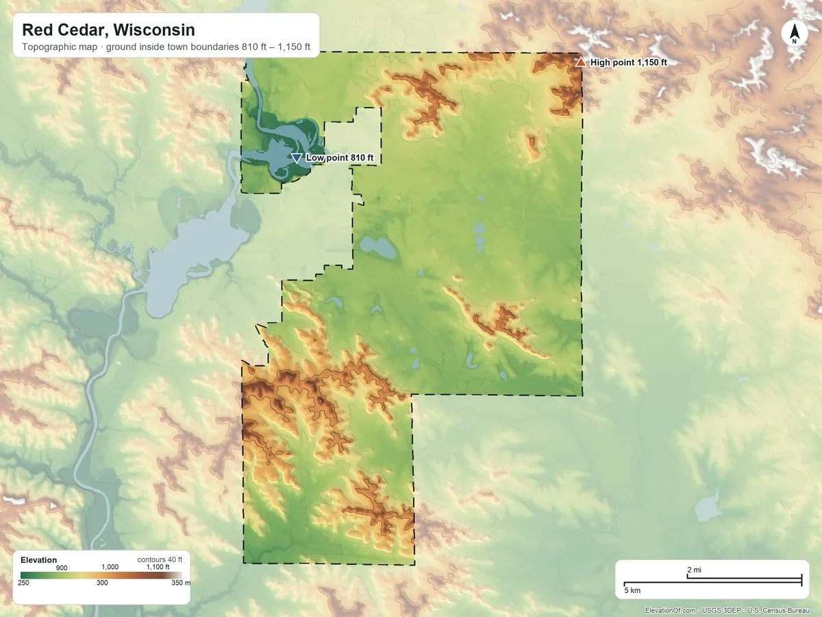 Topographic elevation map of Red Cedar, Wisconsin, shaded from 810 ft on the north side to 1,150 ft on the northeast side