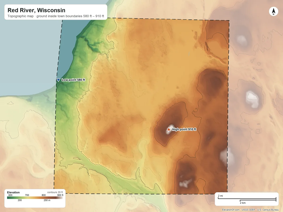 Topographic elevation map of Red River, Wisconsin, shaded from 580 ft on the west side to 910 ft on the southeast side