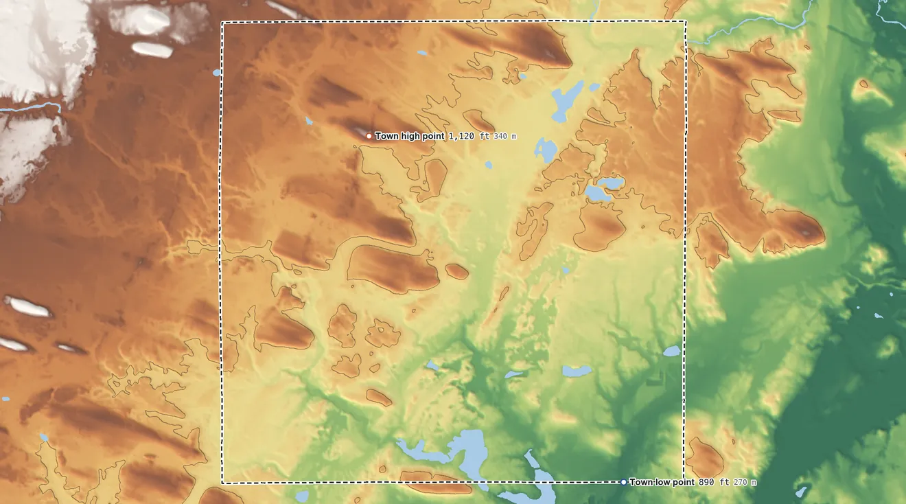 Topographic elevation map of Red Springs, Wisconsin, shaded from 890 ft on the south side to 1,120 ft on the northwest side