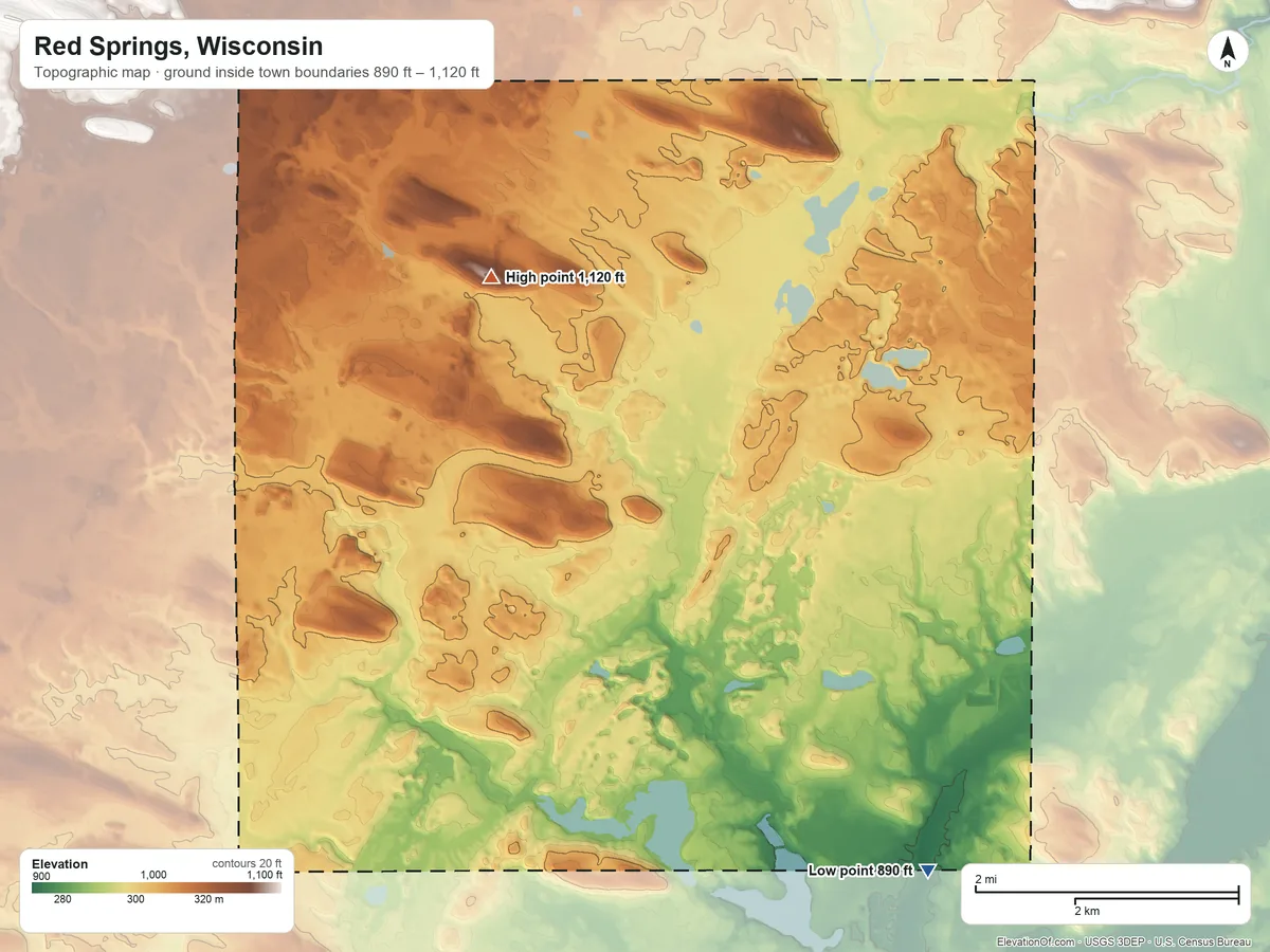 Topographic elevation map of Red Springs, Wisconsin, shaded from 890 ft on the south side to 1,120 ft on the northwest side