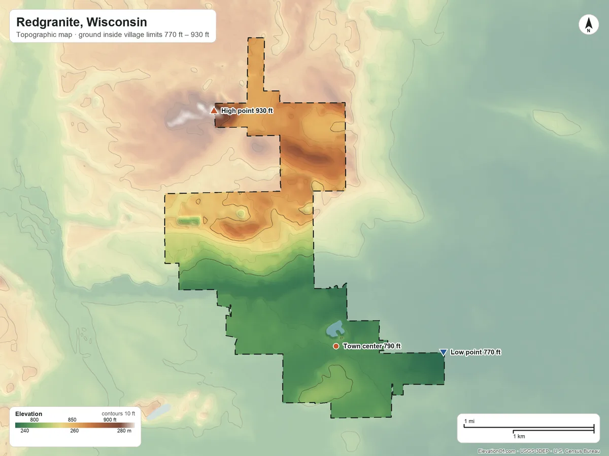Topographic elevation map of Redgranite, Wisconsin, shaded from 770 ft on the east side to 930 ft on the northwest side