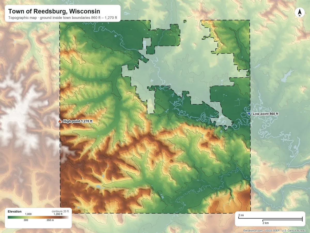 Topographic elevation map of Town of Reedsburg, Wisconsin, shaded from 860 ft on the east side to 1,270 ft on the west side