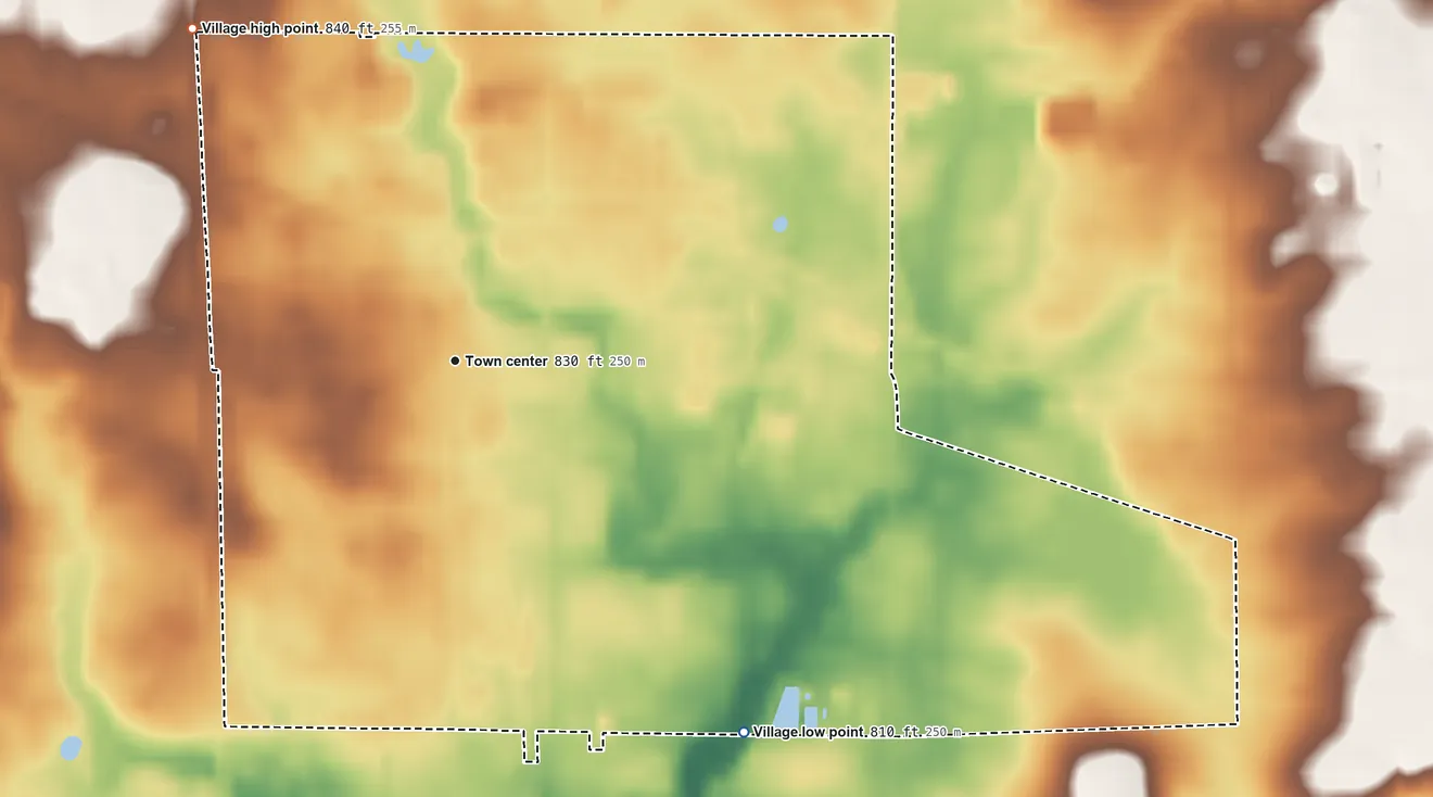Topographic elevation map of Reedsville, Wisconsin, shaded from 810 ft on the southeast side to 840 ft on the northwest side