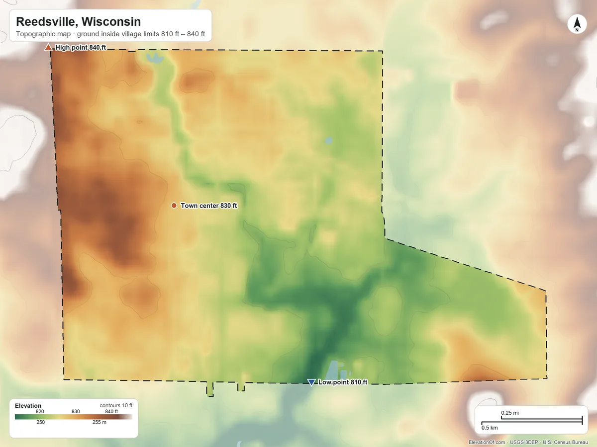 Topographic elevation map of Reedsville, Wisconsin, shaded from 810 ft on the southeast side to 840 ft on the northwest side