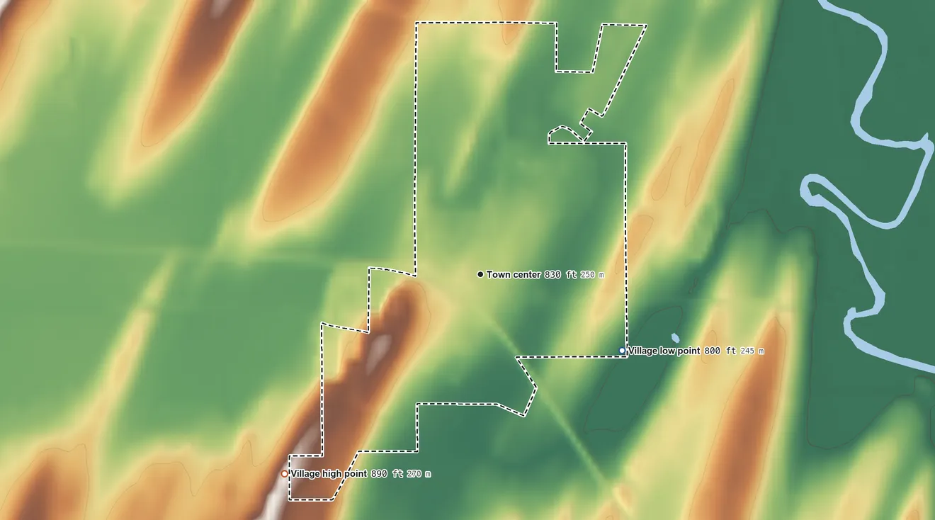 Topographic elevation map of Reeseville, Wisconsin, shaded from 800 ft on the southeast side to 890 ft on the southwest side