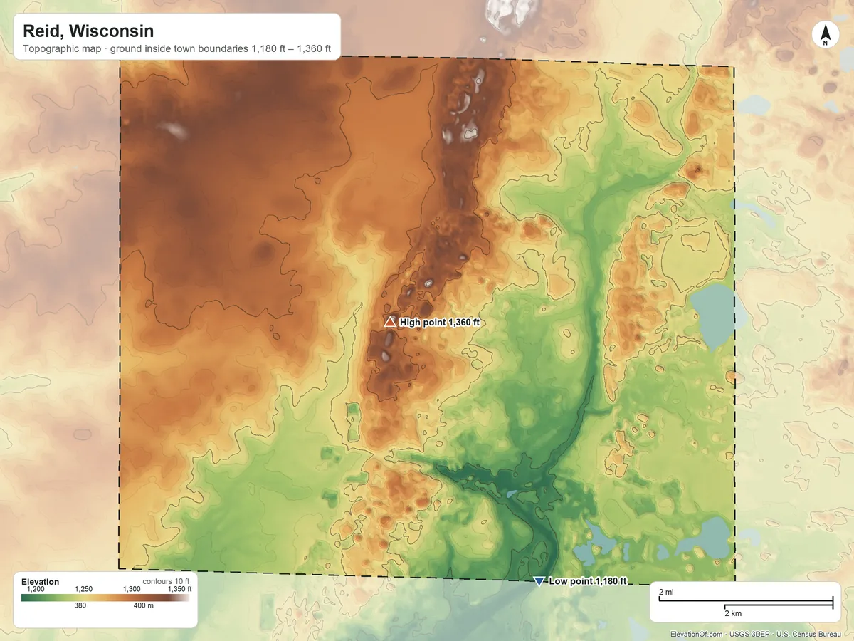 Topographic elevation map of Reid, Wisconsin, shaded from 1,180 ft on the south side to 1,360 ft on the west side
