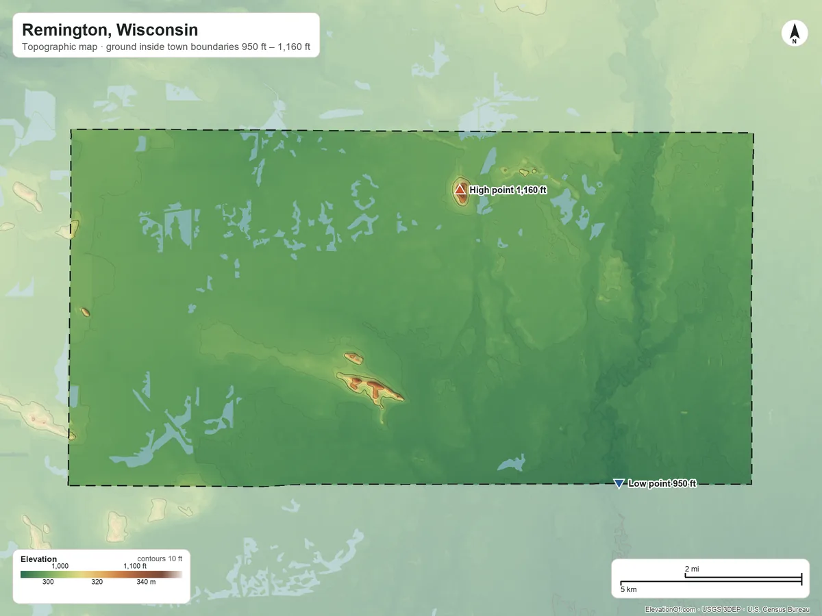 Topographic elevation map of Remington, Wisconsin, shaded from 950 ft on the south side to 1,160 ft on North Bluff