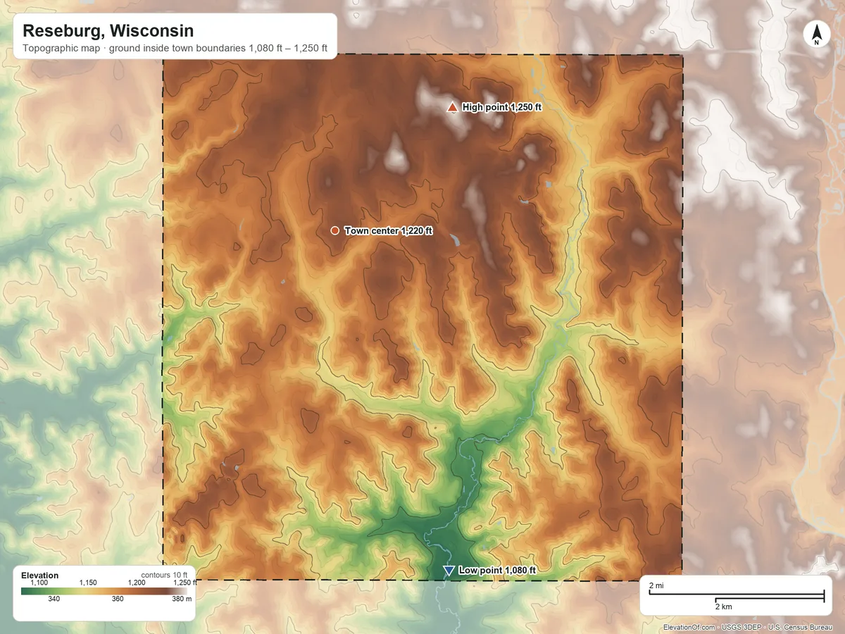 Topographic elevation map of Reseburg, Wisconsin, shaded from 1,080 ft on the south side to 1,250 ft on the northeast side