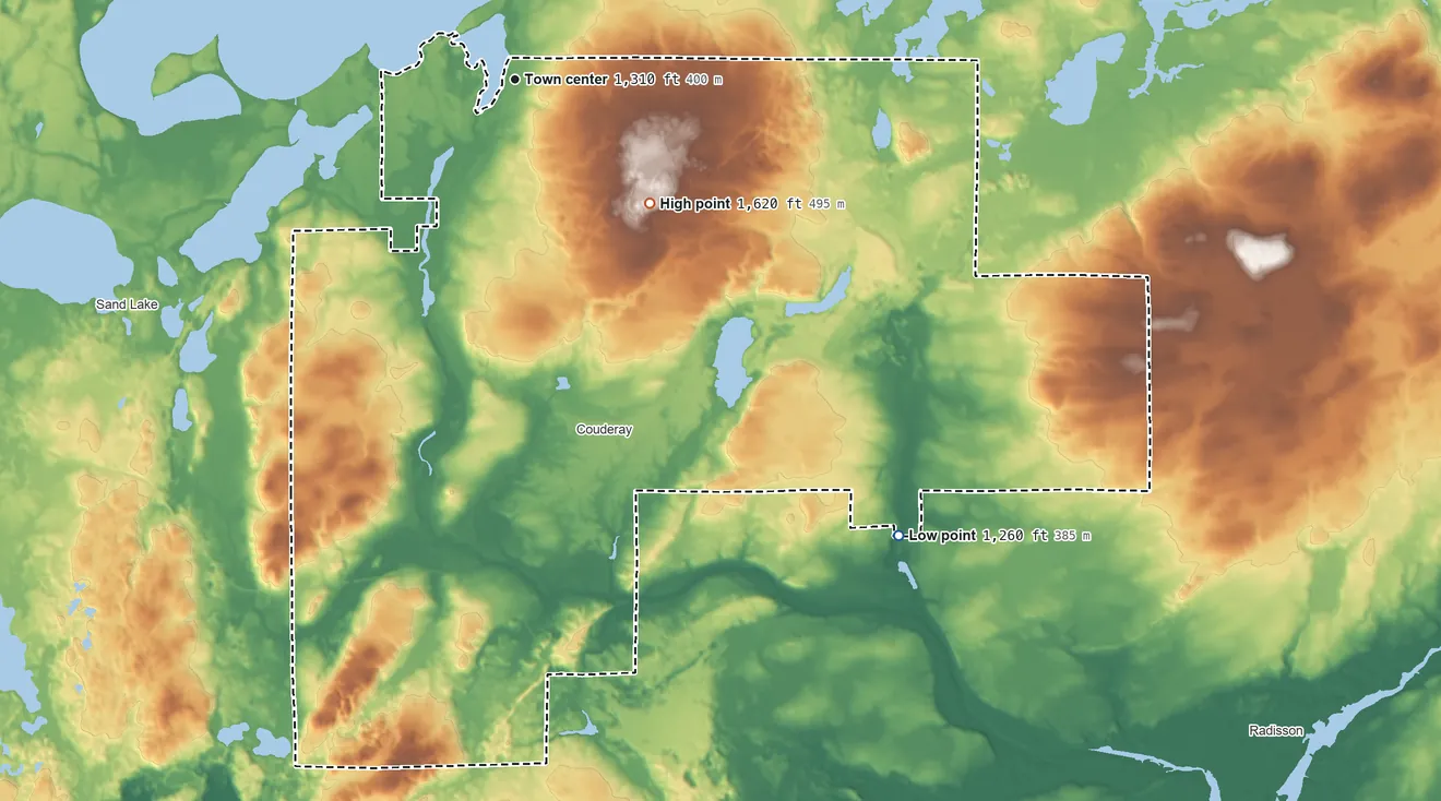 Topographic elevation map of Reserve, Wisconsin, shaded from 1,260 ft on the southeast side to 1,620 ft on the southeast side