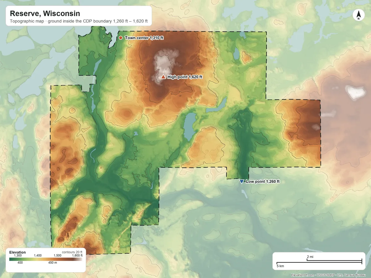 Topographic elevation map of Reserve, Wisconsin, shaded from 1,260 ft on the southeast side to 1,620 ft on the southeast side