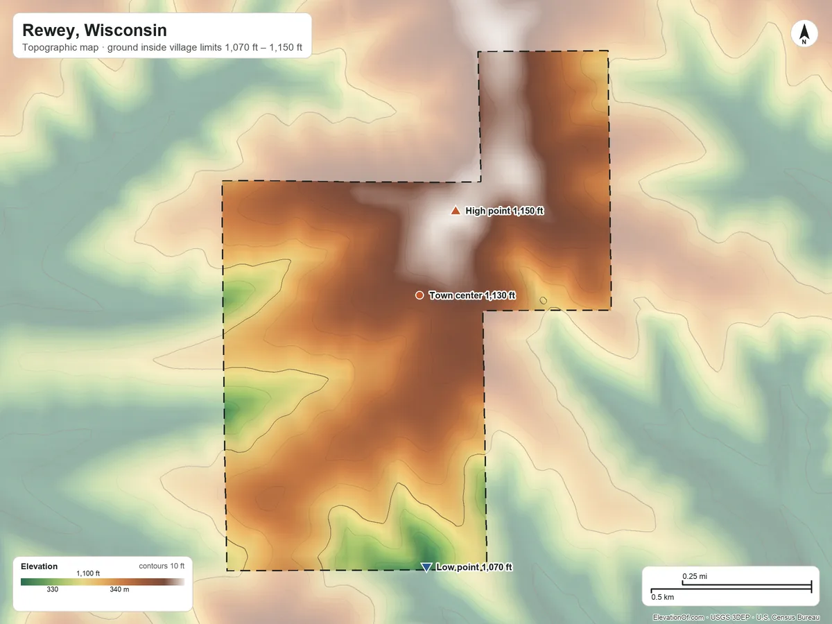 Topographic elevation map of Rewey, Wisconsin, shaded from 1,070 ft on the south side to 1,150 ft on the northeast side